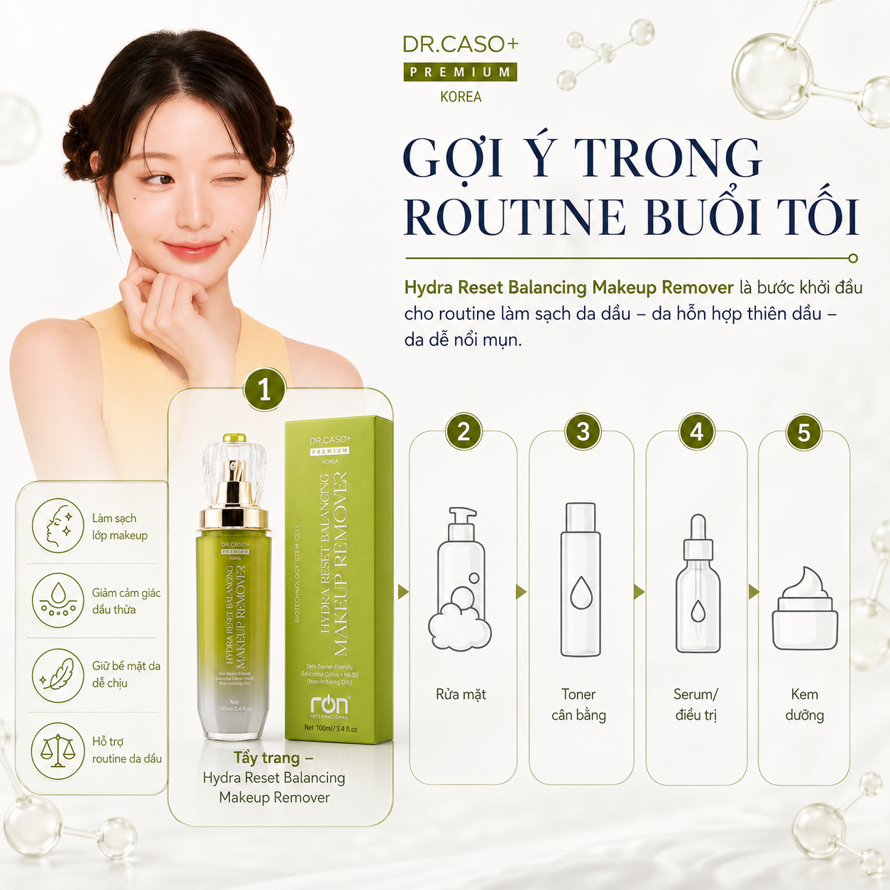 RON DR.CASO+ PREMIUM HYDRA RESET BALANCING MAKEUP REMOVER/Tẩy Trang Đa Tầng Hydra Reset – Hỗ Trợ Cân Bằng Và Củng Cố Hàng Rào Da